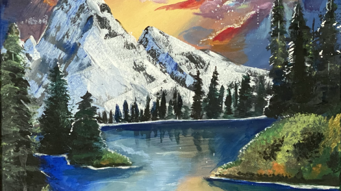 This is a piece loosely following a Bob Ross tutorial, focusing on vivid colors and a bright atmosphere.